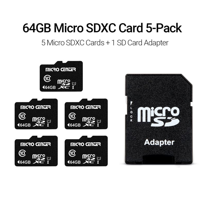 Micro Center بطاقة ذاكرة فلاش Micro Center 64GB Class 10 MicroSDXC مع محول لتخزين الأجهزة المحمولة الهاتف، التابلت، الطائرة بدون طيار وتسجيل الفيديو بدقة Full HD - 80MB/s UHS-I، C10، U1 (5 عبوات) - Image 2